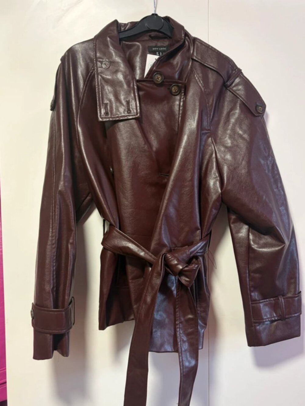 Burgundy Brown leather jacket/coat , funnel neck